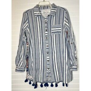 Kyla Seo Love Caite  Blue Striped Printed Back Button shirt Size Medium Anthro